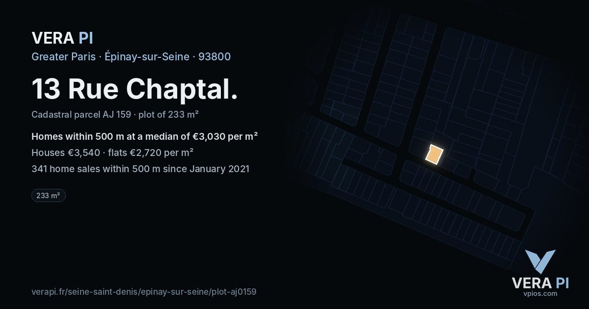 13 Rue Chaptal, Épinay-sur-Seine at night – the plot lit, the parcels around coloured by the prices near them