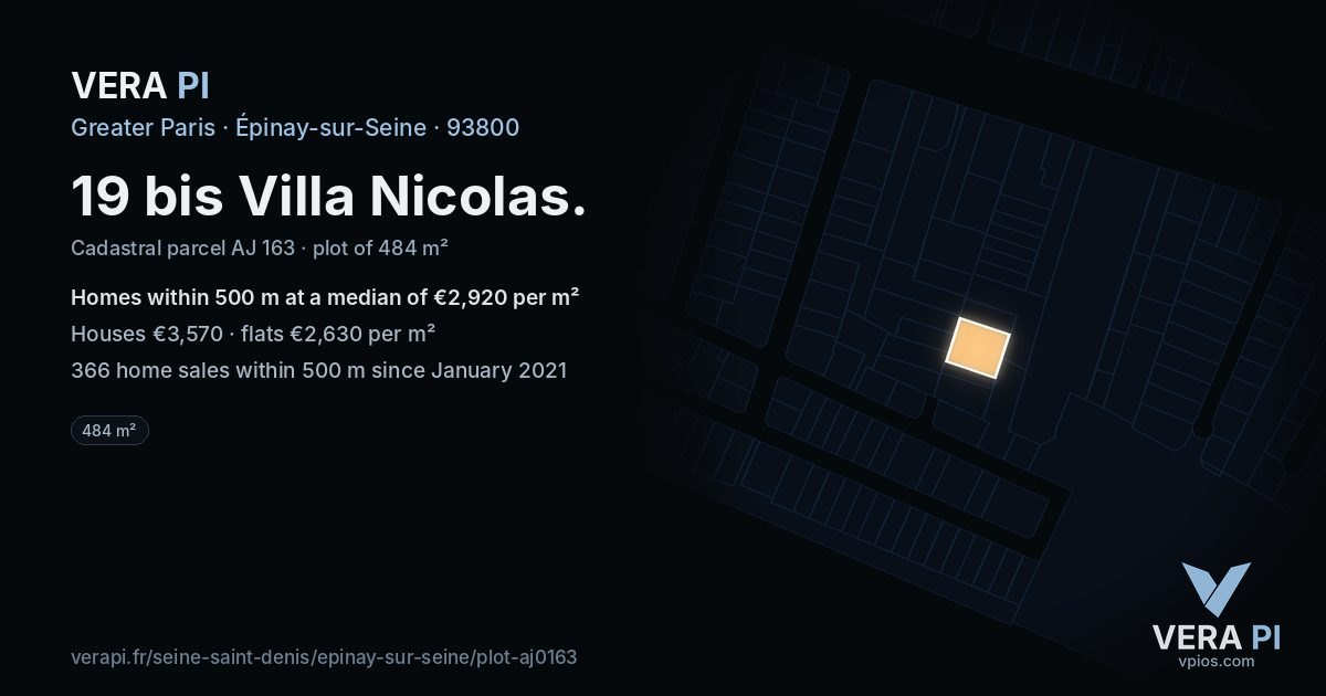 19 bis Villa Nicolas, Épinay-sur-Seine at night – the plot lit, the parcels around coloured by the prices near them