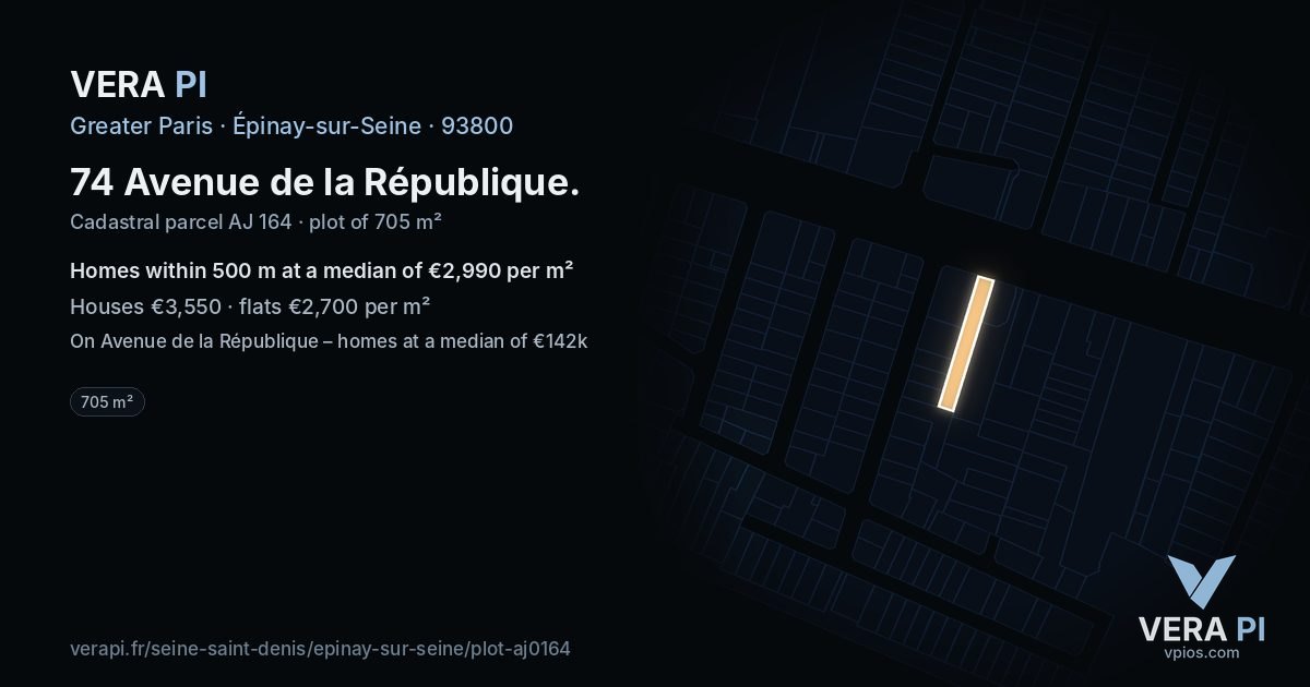 74 Avenue de la République, Épinay-sur-Seine at night – the plot lit, the parcels around coloured by the prices near them