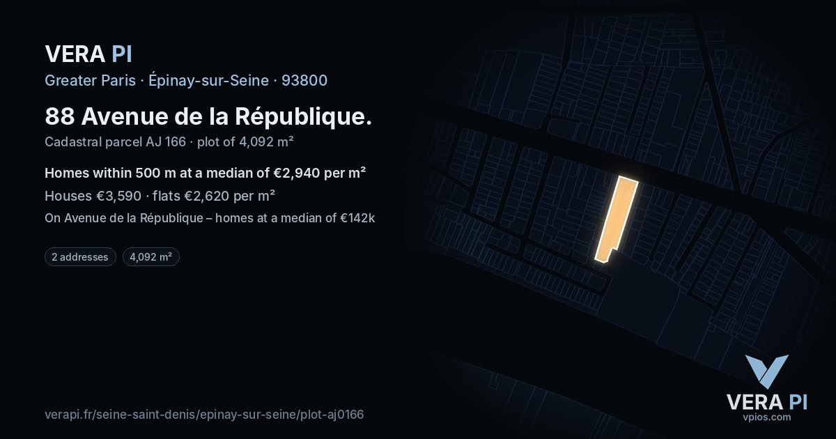 88 Avenue de la République, Épinay-sur-Seine at night – the plot lit, the parcels around coloured by the prices near them