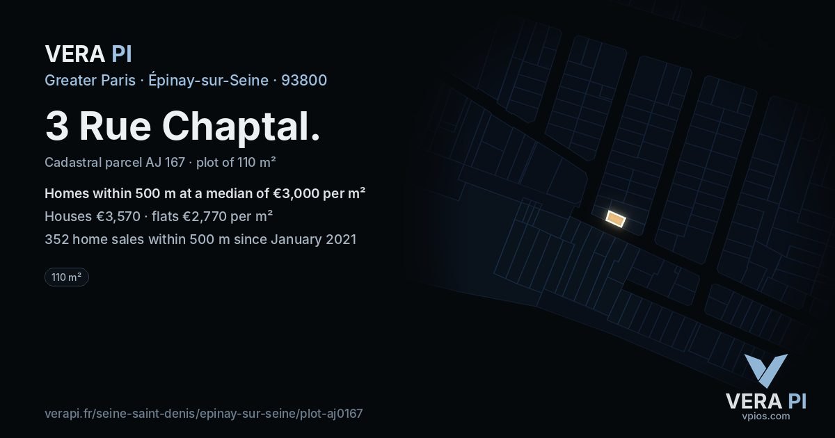 3 Rue Chaptal, Épinay-sur-Seine at night – the plot lit, the parcels around coloured by the prices near them