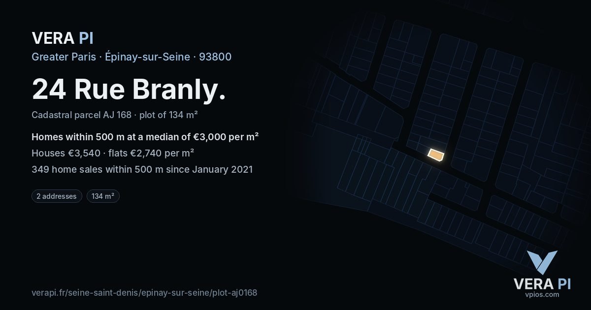 24 Rue Branly, Épinay-sur-Seine at night – the plot lit, the parcels around coloured by the prices near them
