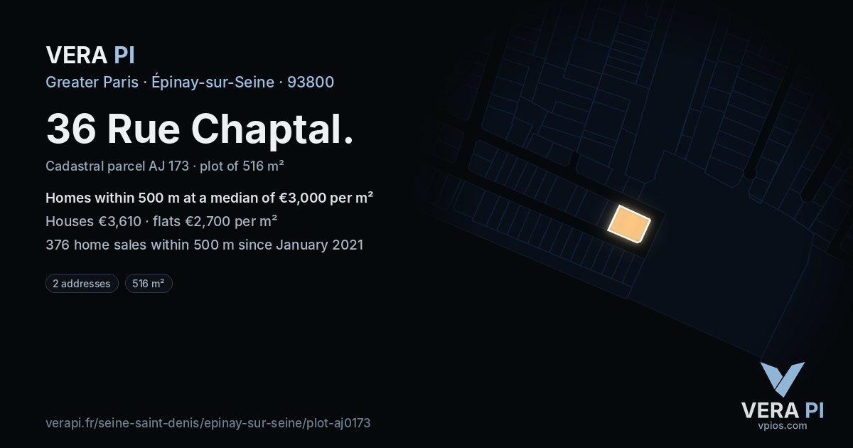 36 Rue Chaptal, Épinay-sur-Seine at night – the plot lit, the parcels around coloured by the prices near them