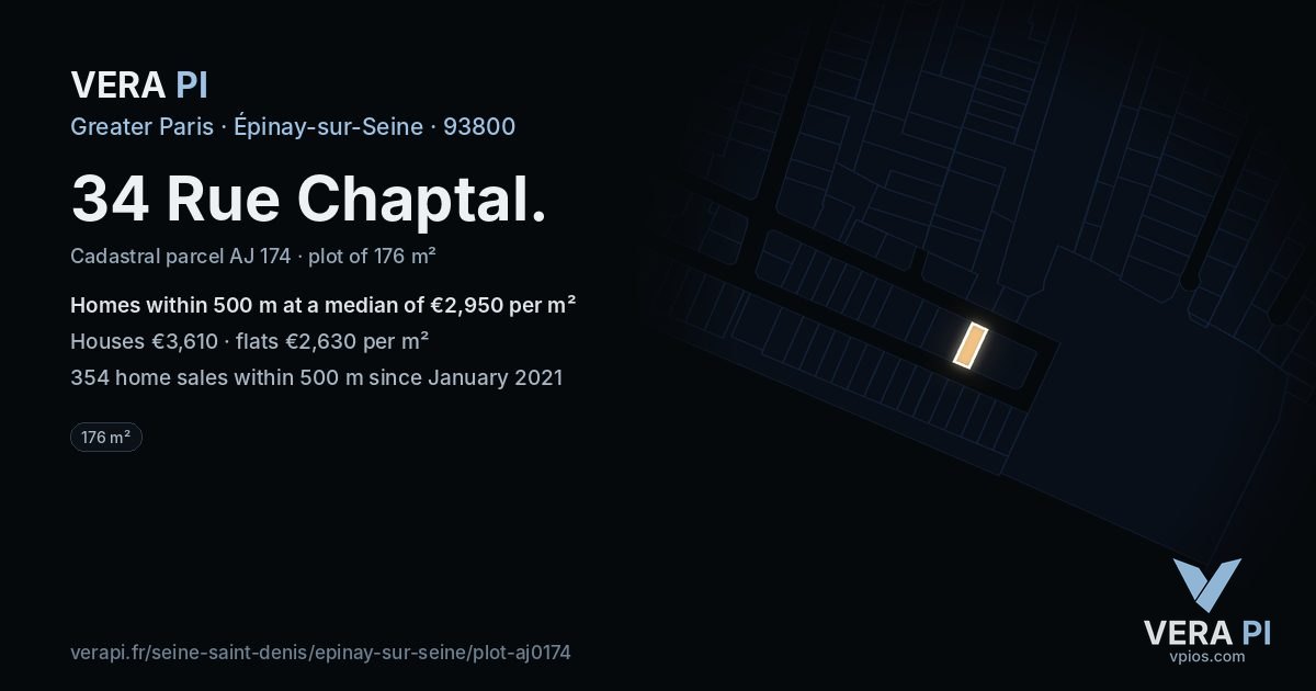 34 Rue Chaptal, Épinay-sur-Seine at night – the plot lit, the parcels around coloured by the prices near them