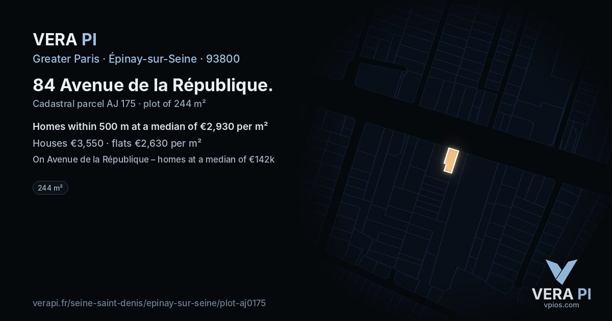 84 Avenue de la République, Épinay-sur-Seine at night – the plot lit, the parcels around coloured by the prices near them