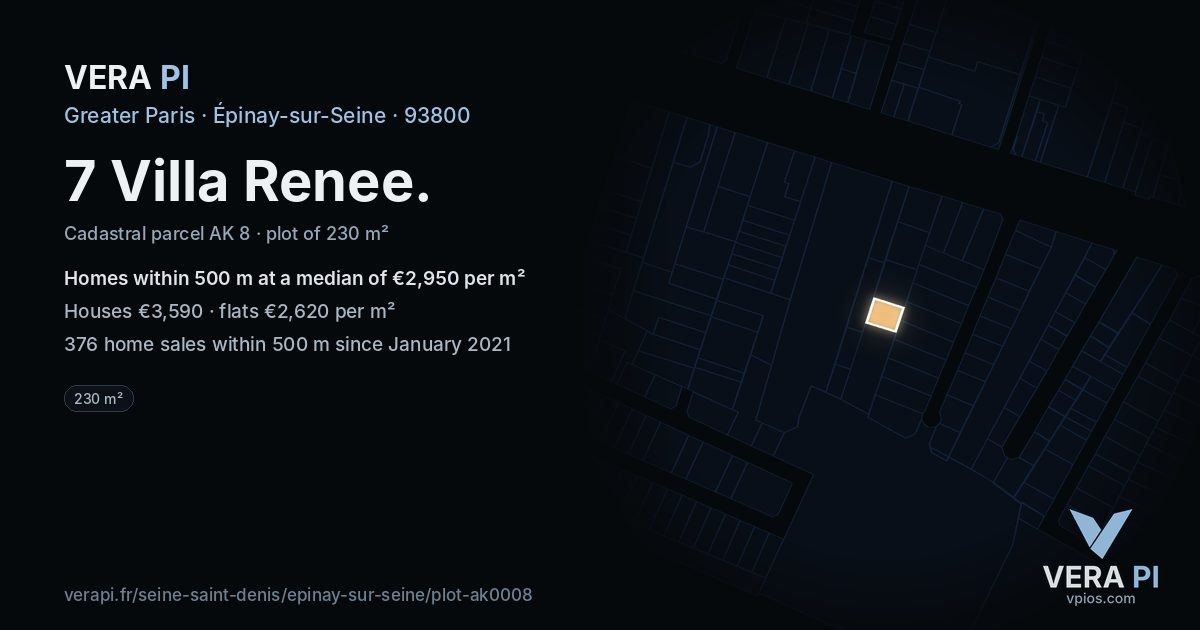 7 Villa Renee, Épinay-sur-Seine at night – the plot lit, the parcels around coloured by the prices near them
