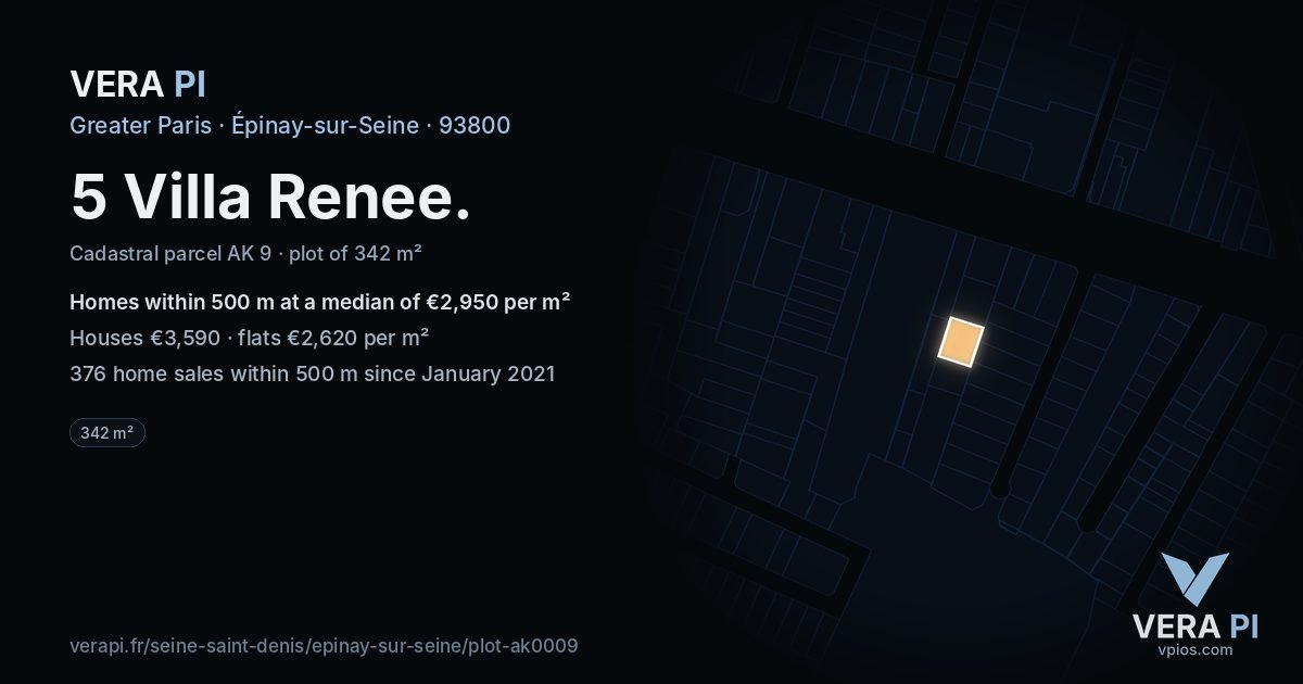5 Villa Renee, Épinay-sur-Seine at night – the plot lit, the parcels around coloured by the prices near them