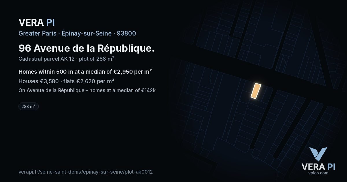 96 Avenue de la République, Épinay-sur-Seine at night – the plot lit, the parcels around coloured by the prices near them