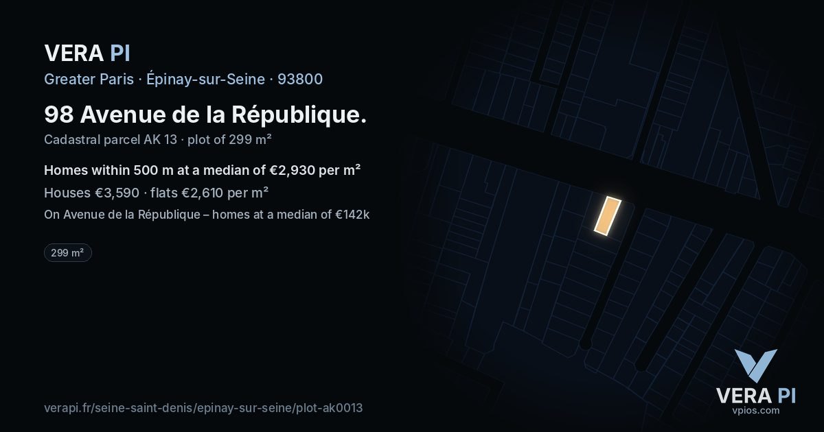 98 Avenue de la République, Épinay-sur-Seine at night – the plot lit, the parcels around coloured by the prices near them