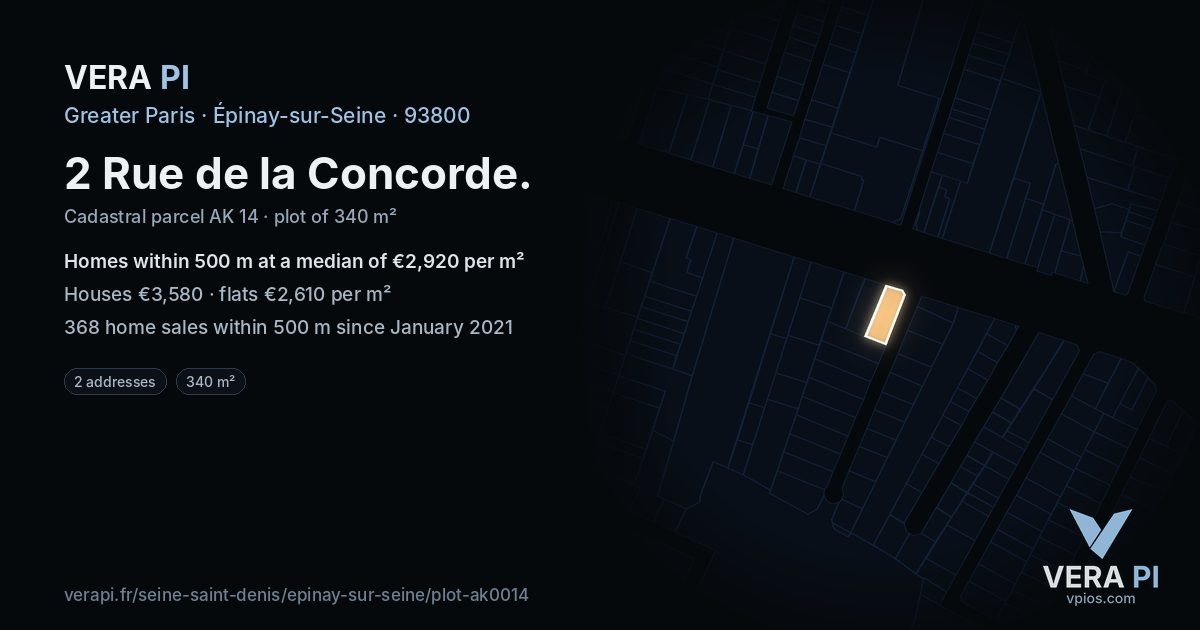 2 Rue de la Concorde, Épinay-sur-Seine at night – the plot lit, the parcels around coloured by the prices near them