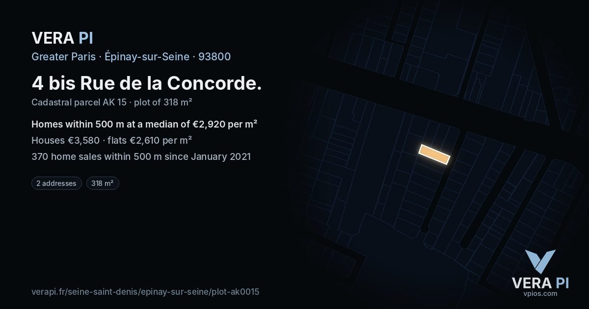 4 bis Rue de la Concorde, Épinay-sur-Seine at night – the plot lit, the parcels around coloured by the prices near them