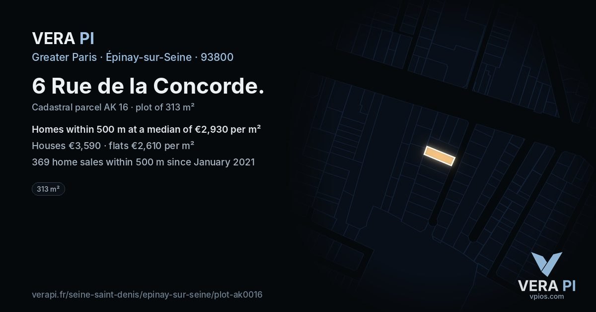6 Rue de la Concorde, Épinay-sur-Seine at night – the plot lit, the parcels around coloured by the prices near them