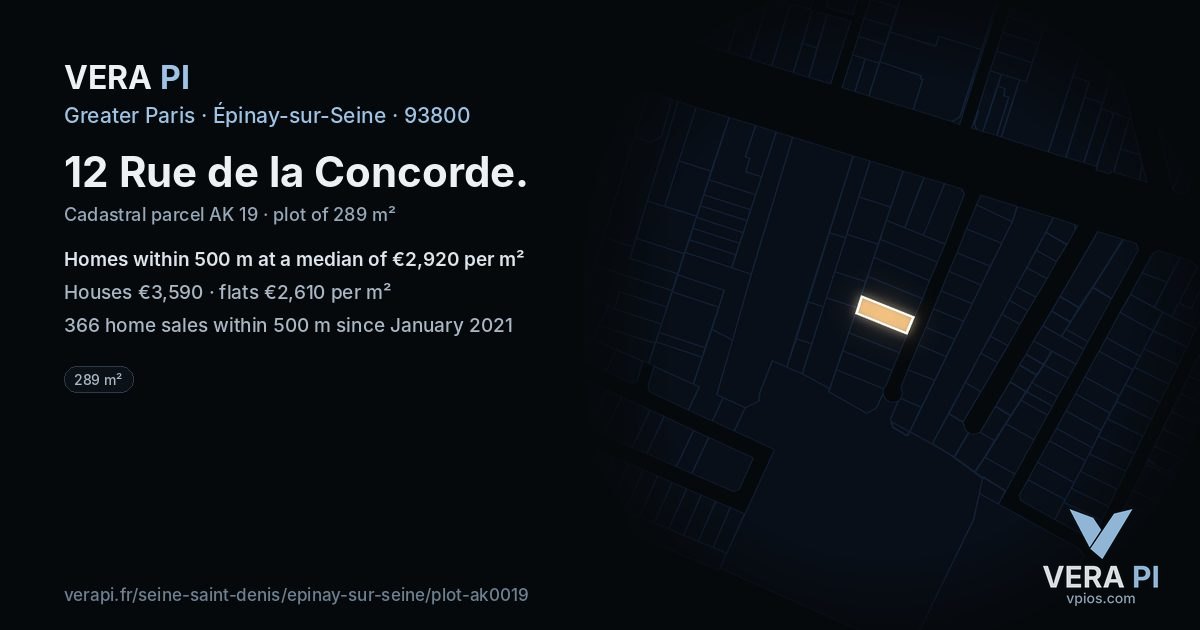 12 Rue de la Concorde, Épinay-sur-Seine at night – the plot lit, the parcels around coloured by the prices near them