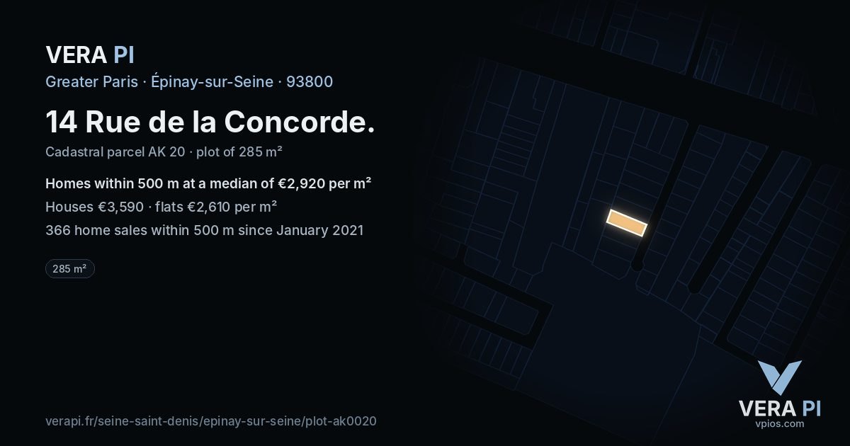 14 Rue de la Concorde, Épinay-sur-Seine at night – the plot lit, the parcels around coloured by the prices near them