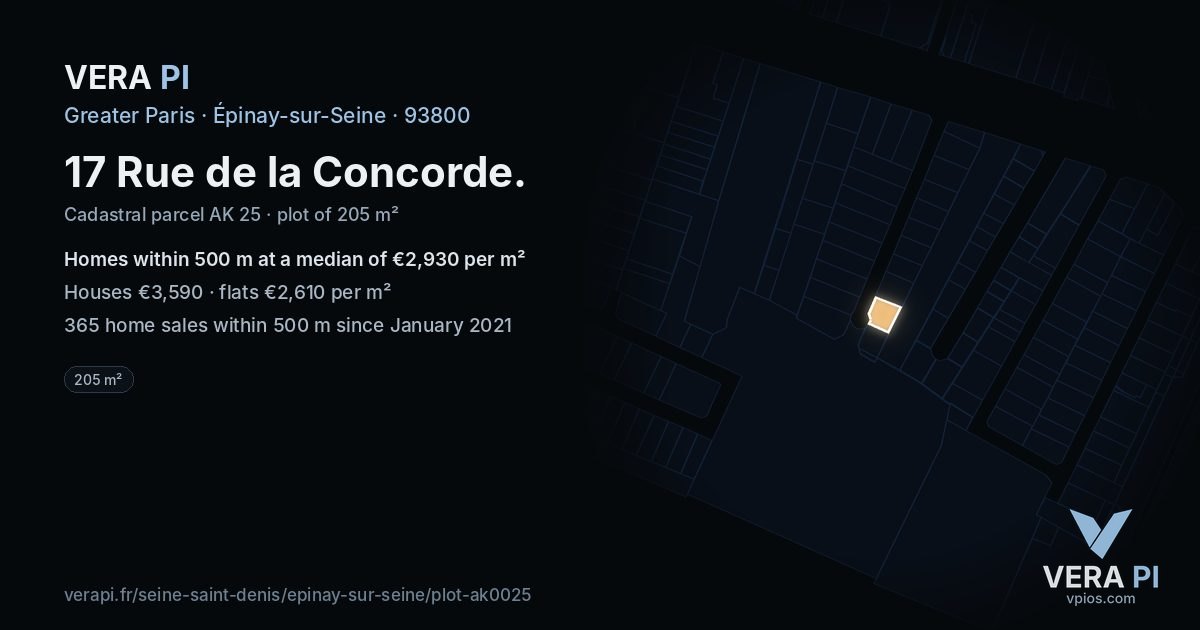 17 Rue de la Concorde, Épinay-sur-Seine at night – the plot lit, the parcels around coloured by the prices near them