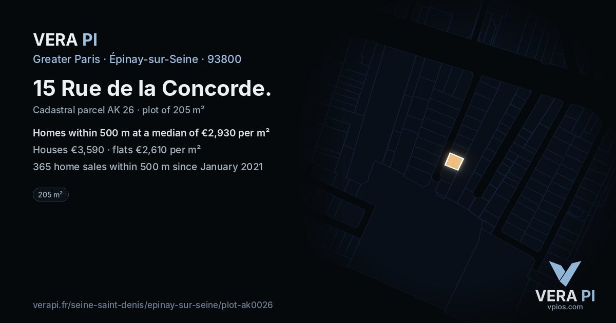 15 Rue de la Concorde, Épinay-sur-Seine at night – the plot lit, the parcels around coloured by the prices near them