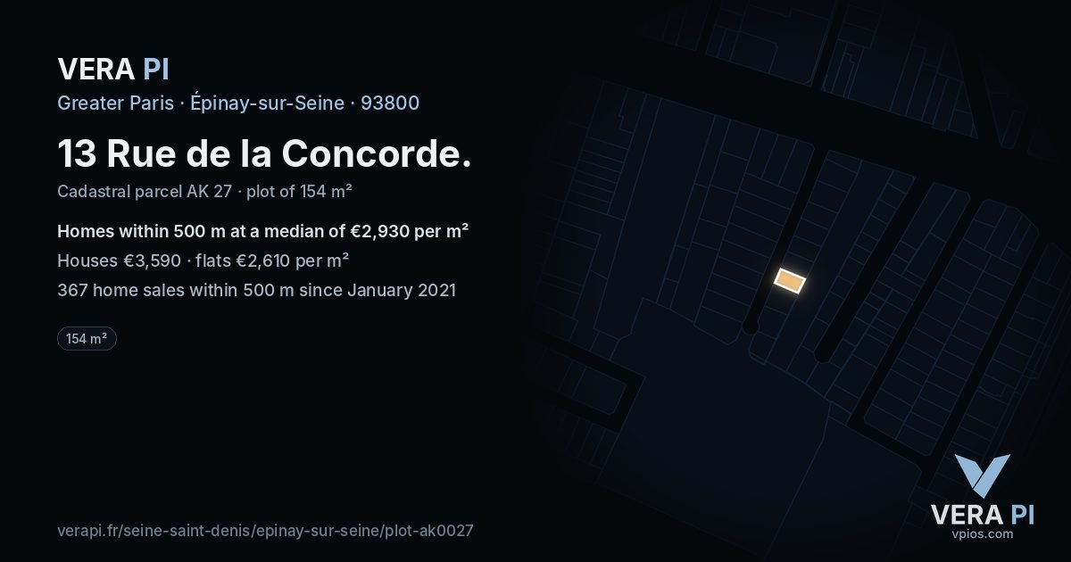 13 Rue de la Concorde, Épinay-sur-Seine at night – the plot lit, the parcels around coloured by the prices near them
