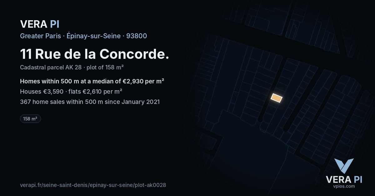 11 Rue de la Concorde, Épinay-sur-Seine at night – the plot lit, the parcels around coloured by the prices near them