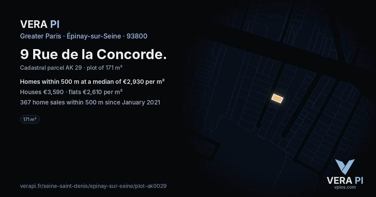 9 Rue de la Concorde, Épinay-sur-Seine at night – the plot lit, the parcels around coloured by the prices near them