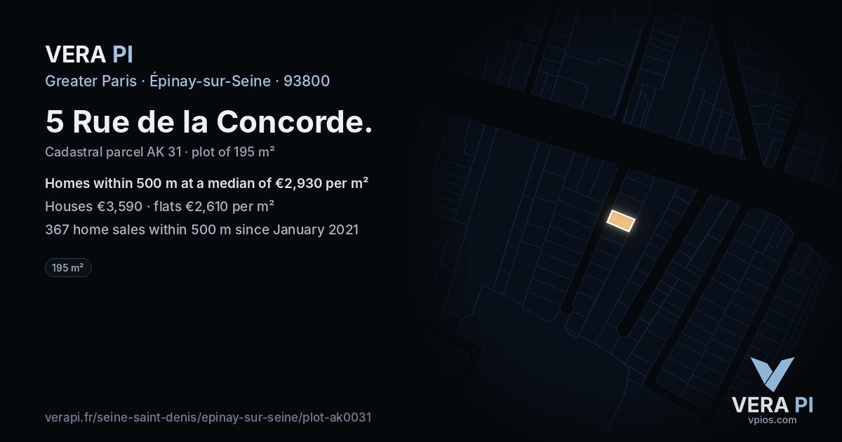 5 Rue de la Concorde, Épinay-sur-Seine at night – the plot lit, the parcels around coloured by the prices near them