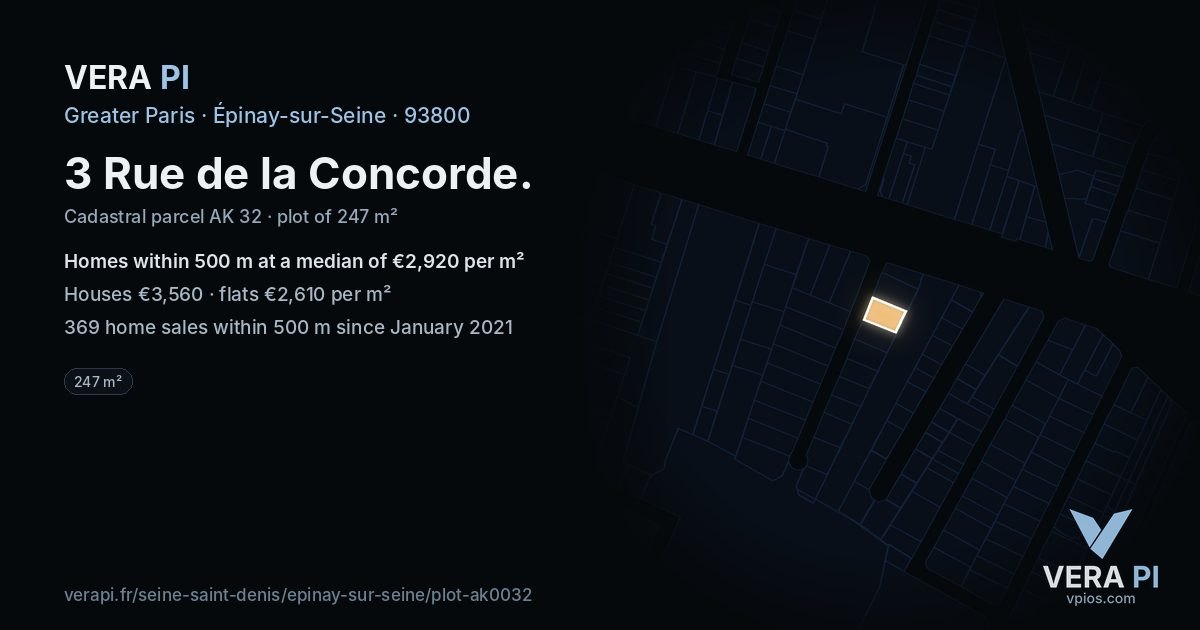 3 Rue de la Concorde, Épinay-sur-Seine at night – the plot lit, the parcels around coloured by the prices near them