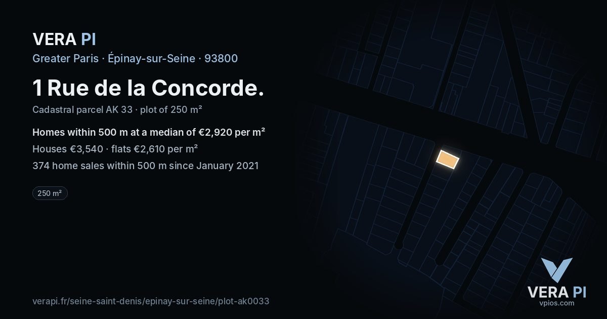 1 Rue de la Concorde, Épinay-sur-Seine at night – the plot lit, the parcels around coloured by the prices near them