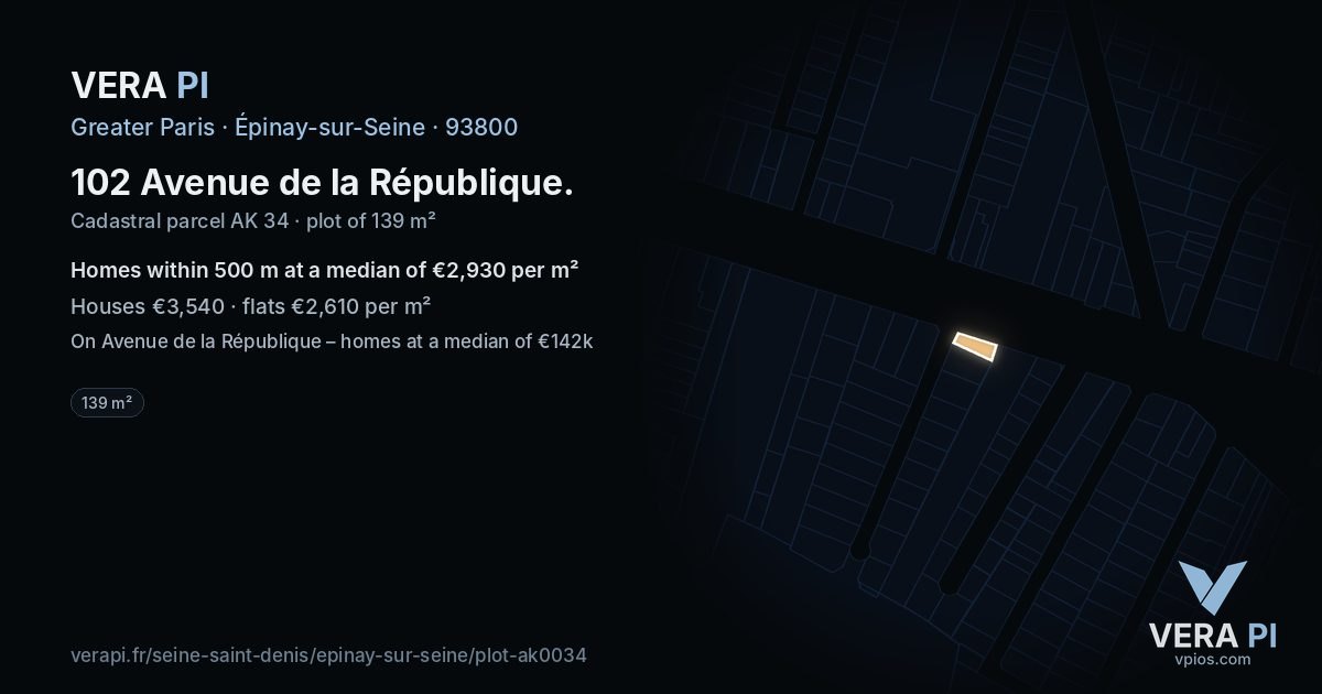 102 Avenue de la République, Épinay-sur-Seine at night – the plot lit, the parcels around coloured by the prices near them