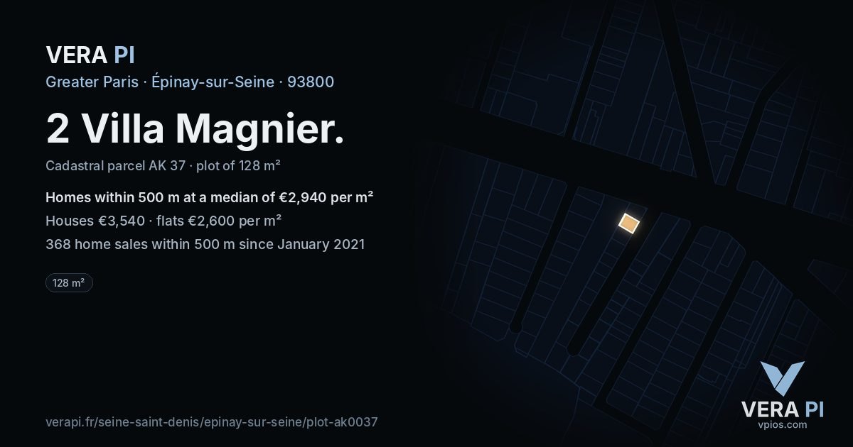 2 Villa Magnier, Épinay-sur-Seine at night – the plot lit, the parcels around coloured by the prices near them