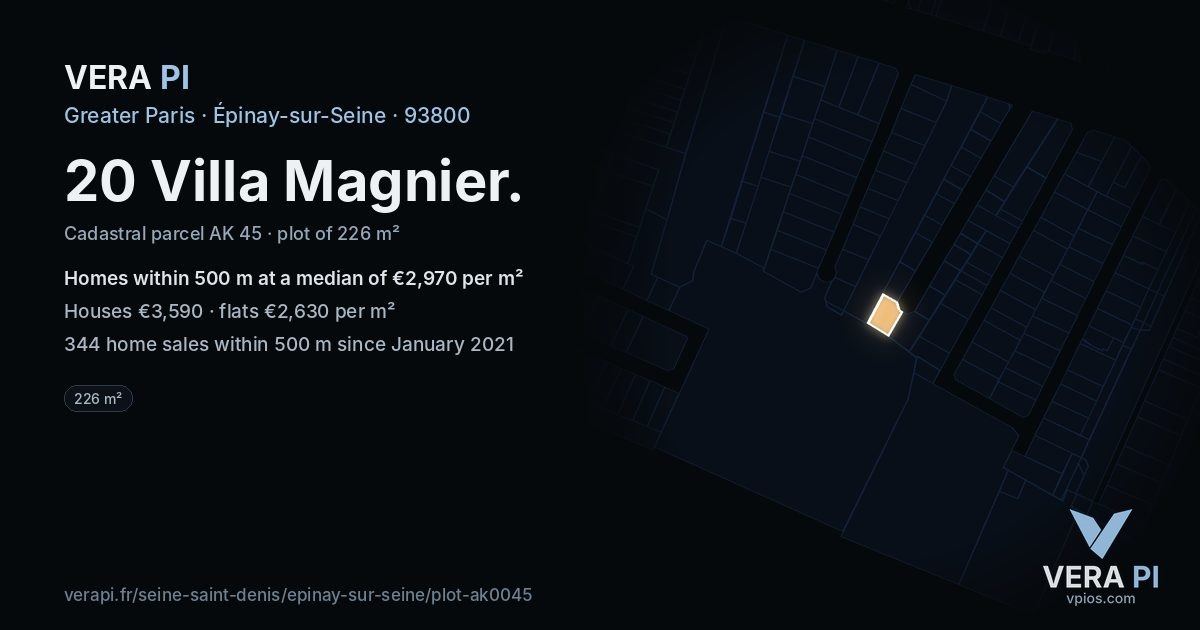 20 Villa Magnier, Épinay-sur-Seine at night – the plot lit, the parcels around coloured by the prices near them