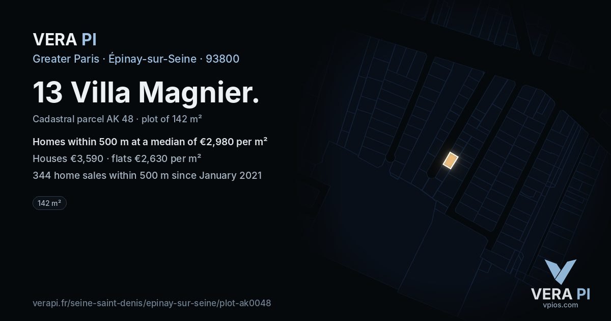 13 Villa Magnier, Épinay-sur-Seine at night – the plot lit, the parcels around coloured by the prices near them