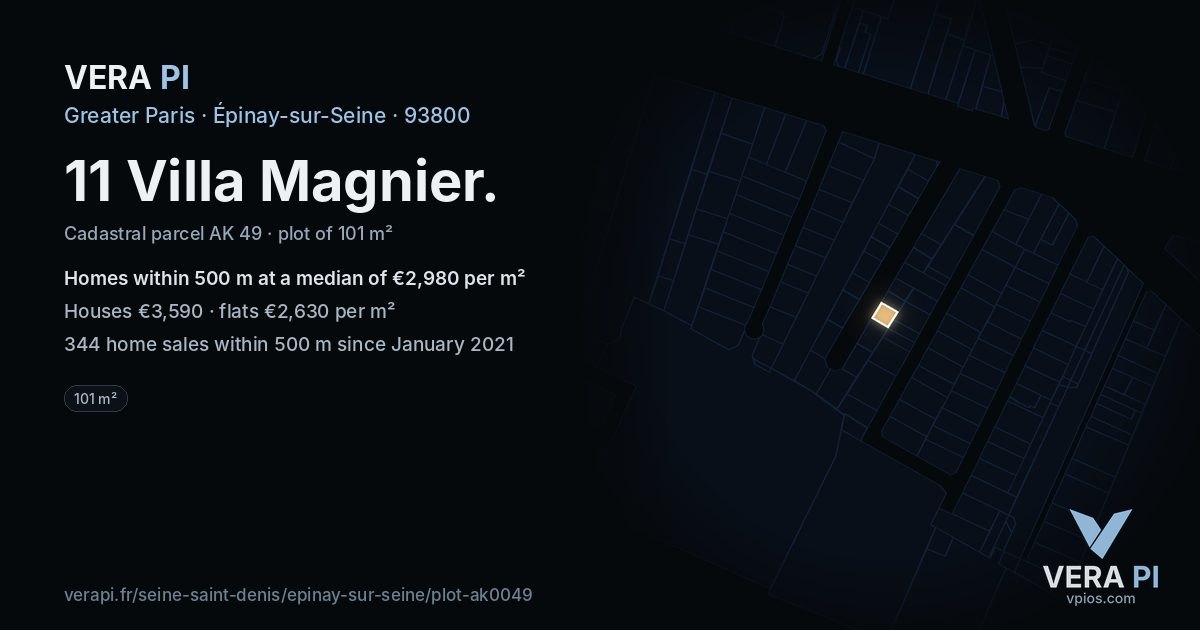 11 Villa Magnier, Épinay-sur-Seine at night – the plot lit, the parcels around coloured by the prices near them