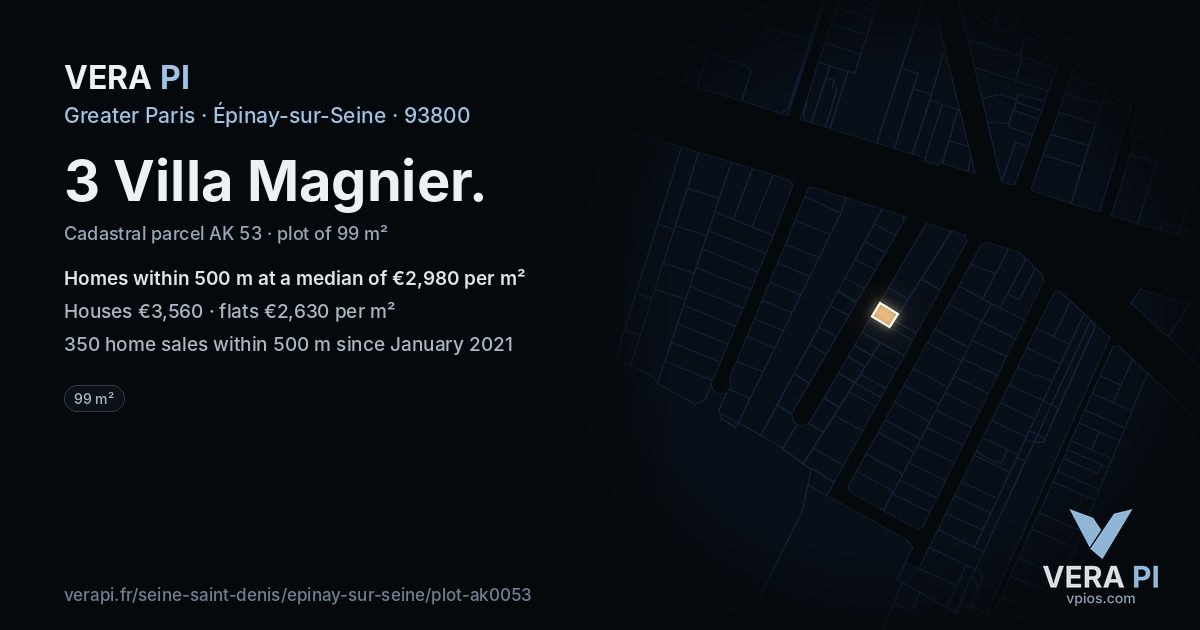 3 Villa Magnier, Épinay-sur-Seine at night – the plot lit, the parcels around coloured by the prices near them
