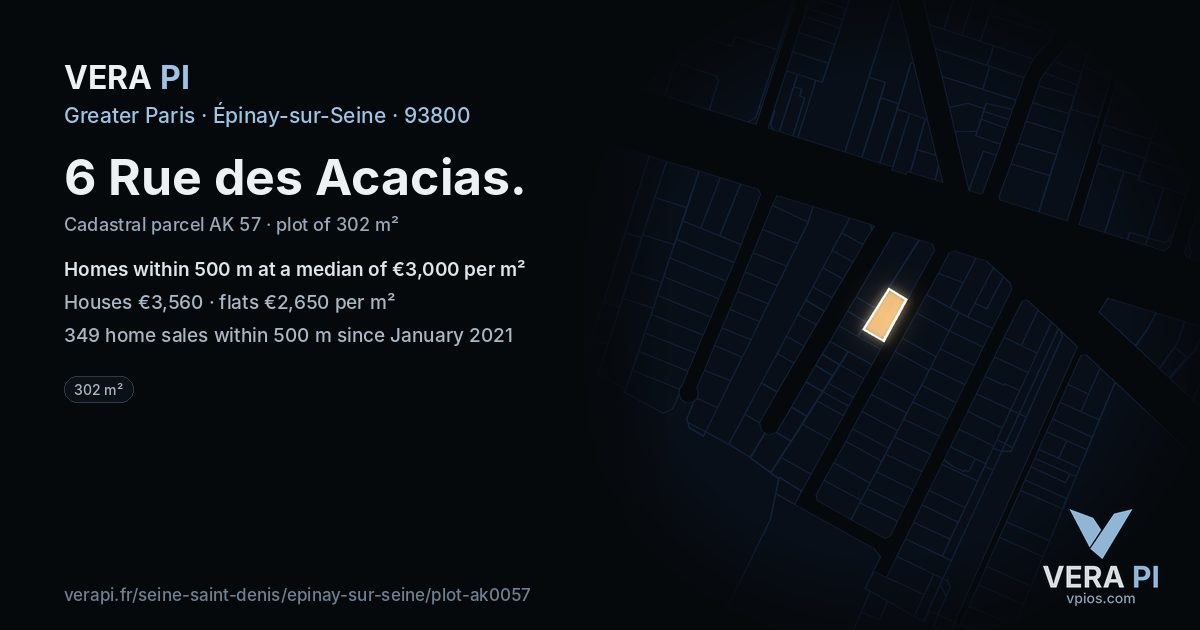 6 Rue des Acacias, Épinay-sur-Seine at night – the plot lit, the parcels around coloured by the prices near them