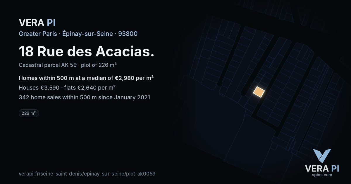 18 Rue des Acacias, Épinay-sur-Seine at night – the plot lit, the parcels around coloured by the prices near them