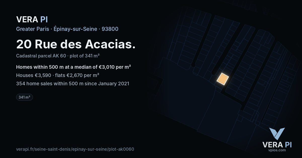 20 Rue des Acacias, Épinay-sur-Seine at night – the plot lit, the parcels around coloured by the prices near them