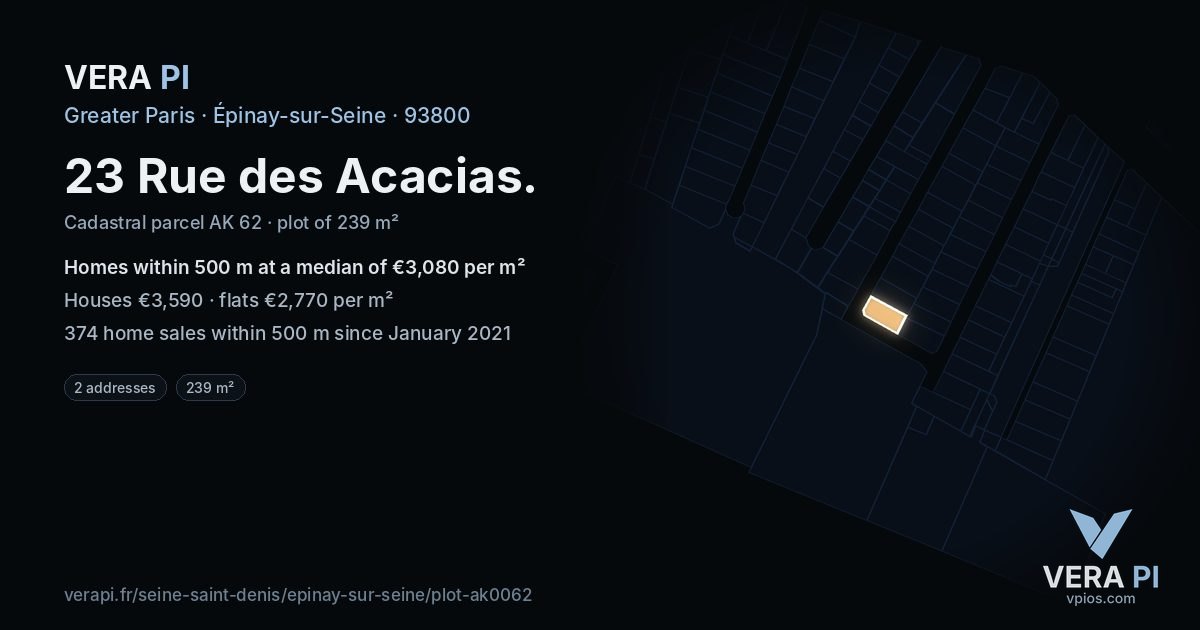 23 Rue des Acacias, Épinay-sur-Seine at night – the plot lit, the parcels around coloured by the prices near them