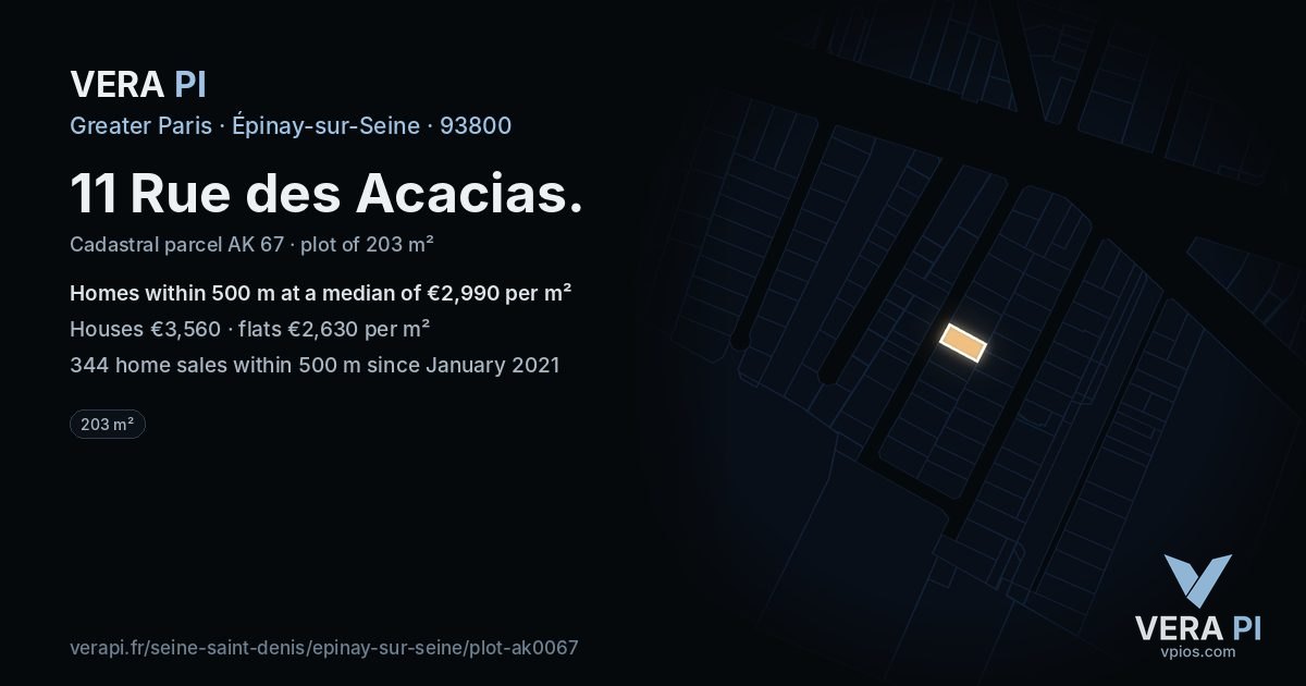 11 Rue des Acacias, Épinay-sur-Seine at night – the plot lit, the parcels around coloured by the prices near them