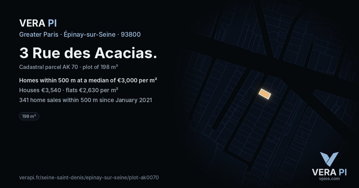 3 Rue des Acacias, Épinay-sur-Seine at night – the plot lit, the parcels around coloured by the prices near them