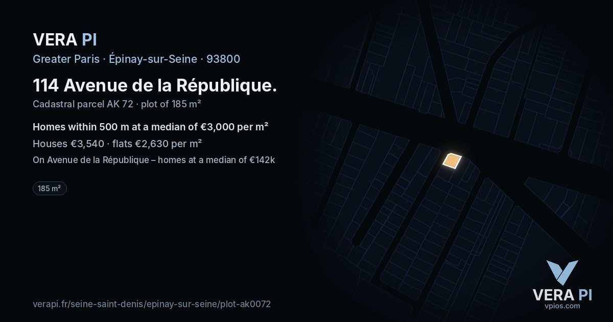 114 Avenue de la République, Épinay-sur-Seine at night – the plot lit, the parcels around coloured by the prices near them