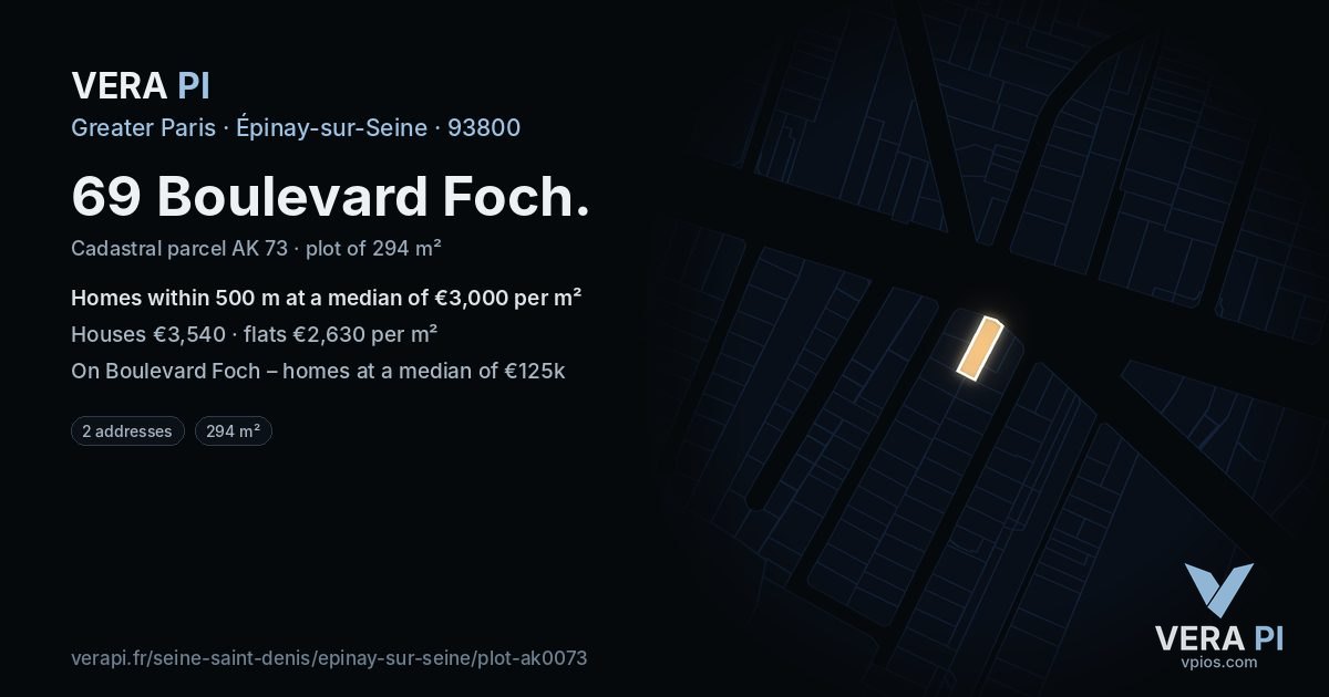 69 Boulevard Foch, Épinay-sur-Seine at night – the plot lit, the parcels around coloured by the prices near them