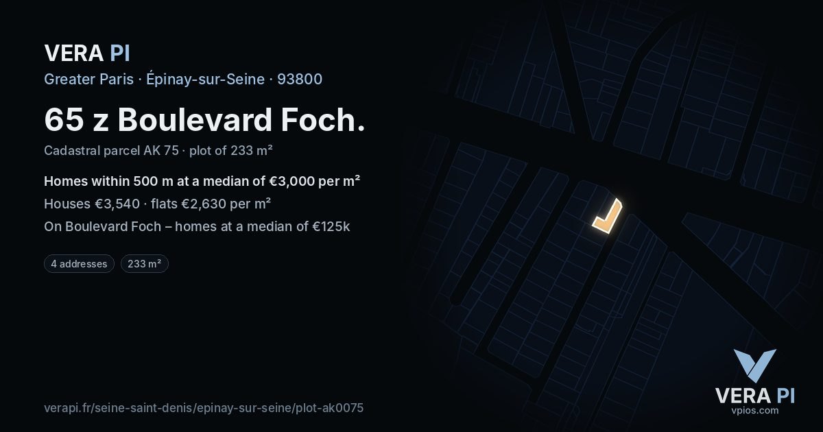 65 z Boulevard Foch, Épinay-sur-Seine at night – the plot lit, the parcels around coloured by the prices near them