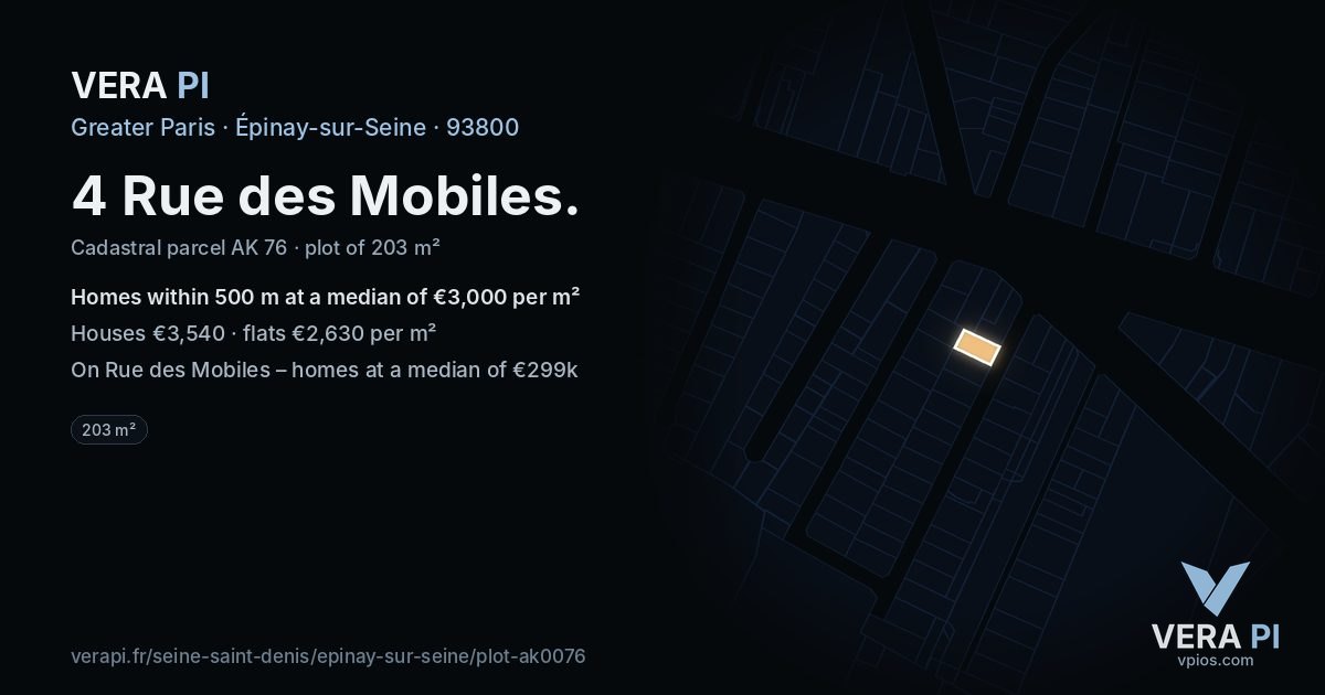 4 Rue des Mobiles, Épinay-sur-Seine at night – the plot lit, the parcels around coloured by the prices near them
