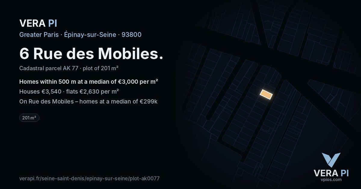 6 Rue des Mobiles, Épinay-sur-Seine at night – the plot lit, the parcels around coloured by the prices near them