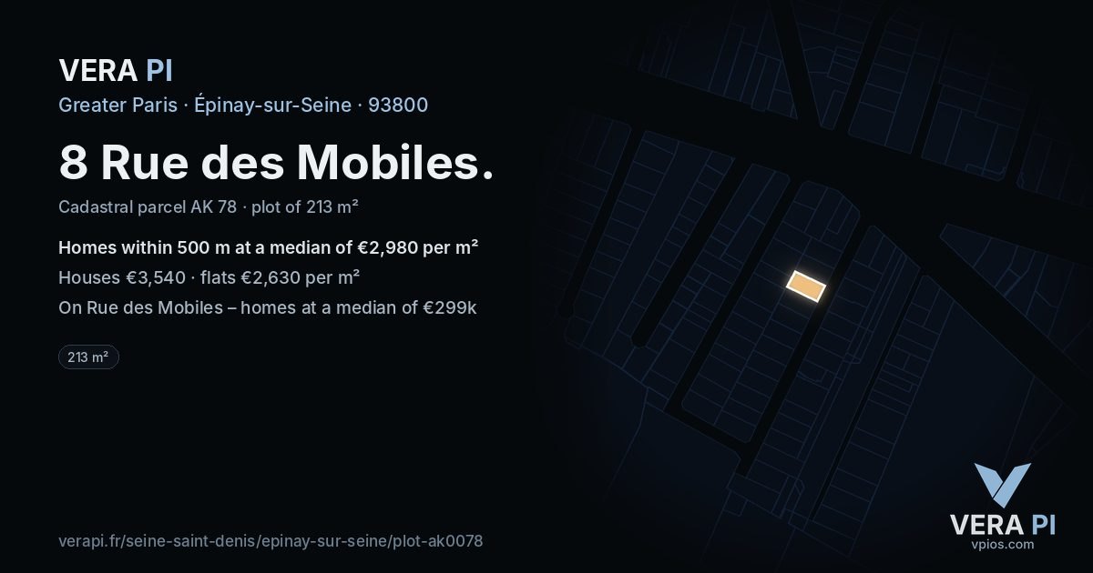 8 Rue des Mobiles, Épinay-sur-Seine at night – the plot lit, the parcels around coloured by the prices near them
