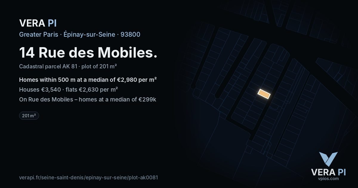 14 Rue des Mobiles, Épinay-sur-Seine at night – the plot lit, the parcels around coloured by the prices near them