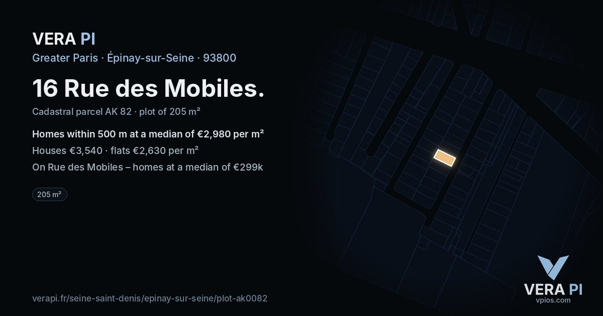 16 Rue des Mobiles, Épinay-sur-Seine at night – the plot lit, the parcels around coloured by the prices near them