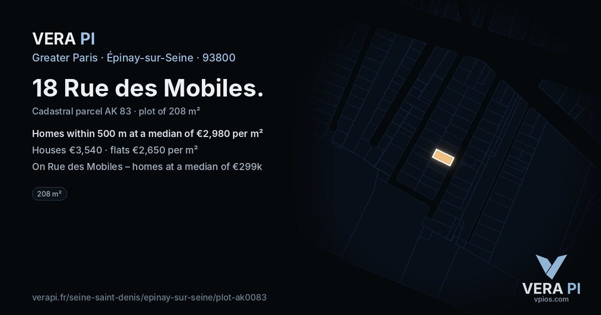 18 Rue des Mobiles, Épinay-sur-Seine at night – the plot lit, the parcels around coloured by the prices near them