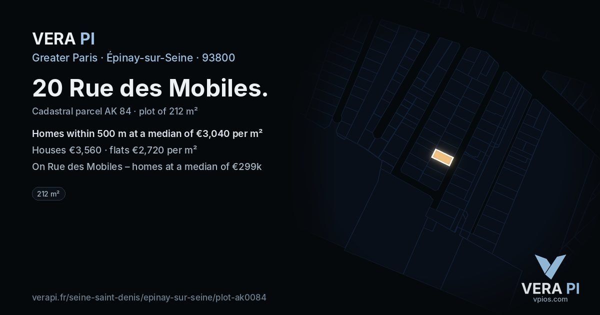 20 Rue des Mobiles, Épinay-sur-Seine at night – the plot lit, the parcels around coloured by the prices near them