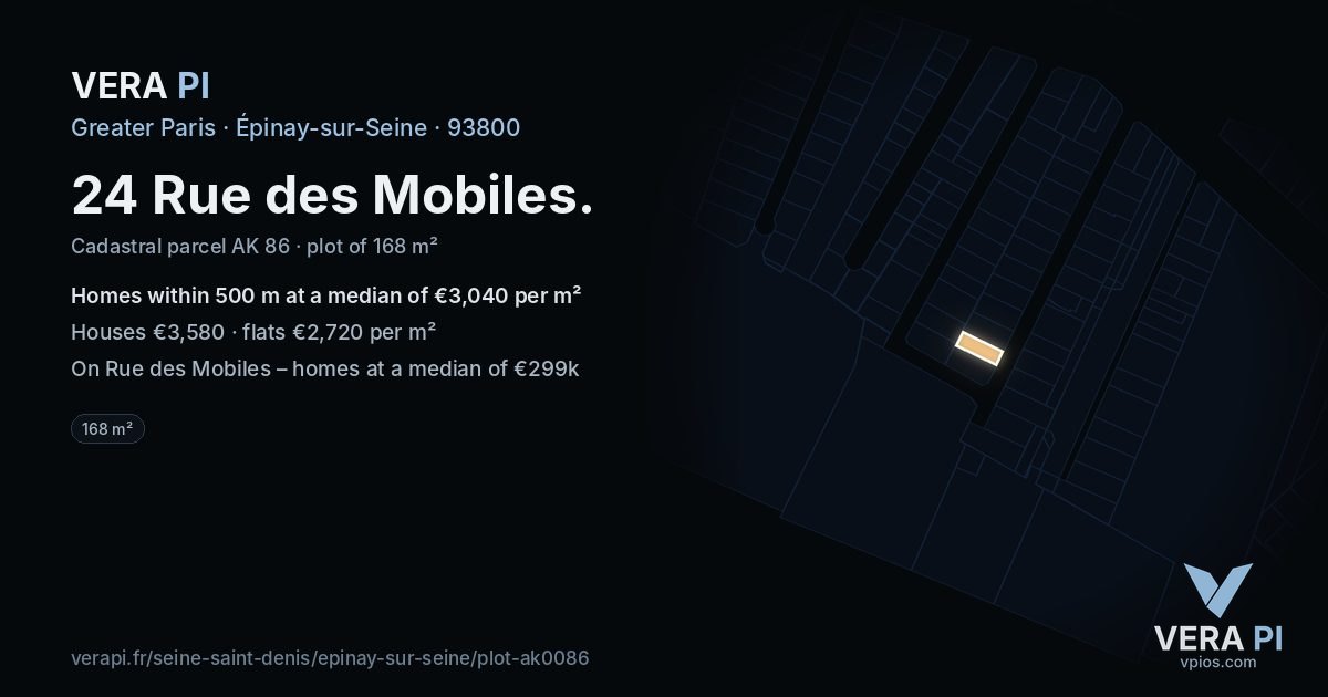 24 Rue des Mobiles, Épinay-sur-Seine at night – the plot lit, the parcels around coloured by the prices near them