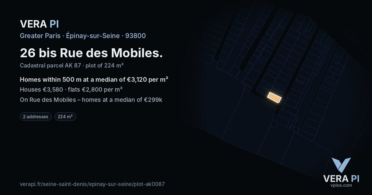 26 bis Rue des Mobiles, Épinay-sur-Seine at night – the plot lit, the parcels around coloured by the prices near them